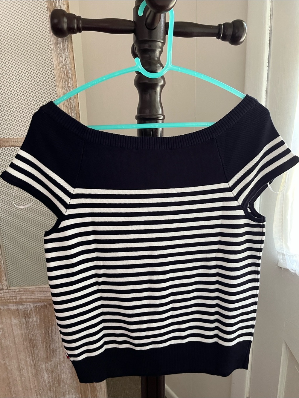 Tommy Hilfiger navy and White Striped Off-the-Shoulder Sweater